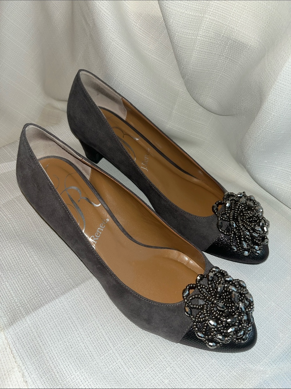 J.Renee Gray Suede Pointed-Toe Kitten Heels with Beaded Accent